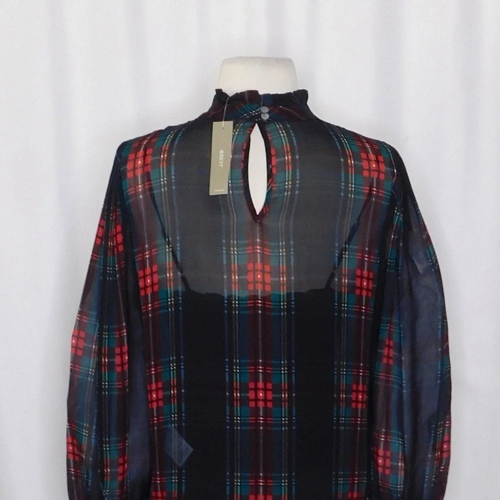 NWT! J. CREW Ruffleneck Top Stewart Tartan Plaid Chiffon Festive Preppy XX-Small